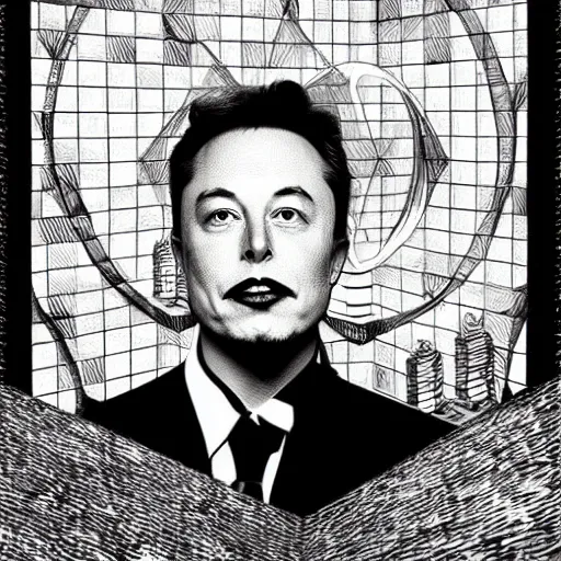 Prompt: portrait of elon musk, caricature,, mashup between mc escher and vincent van gogh