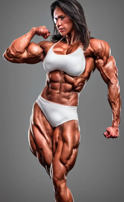 Image similar to realistic colorful photo portreit of extremely beautiful bodybuilder woman posing in white peignoir, full leight, ultra rendered extreme realism and detail, 8 k, highly detailed, realistic, photorealistic,