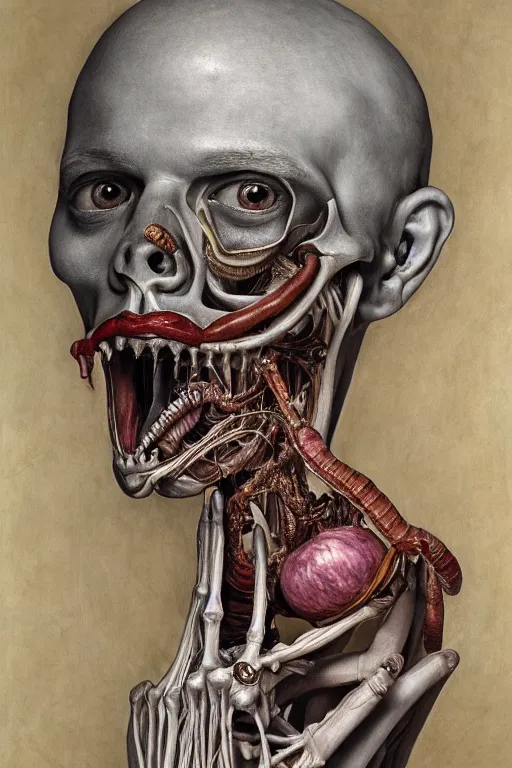 Image similar to Detailed maximalist portrait of a greek god with large lips and eyes, scared expression, botanical anatomy, skeletal with extra fleshy limbs, HD mixed media, 3D collage, highly detailed and intricate, surreal illustration in the style of Jenny Saville, dark art, baroque, centred in image