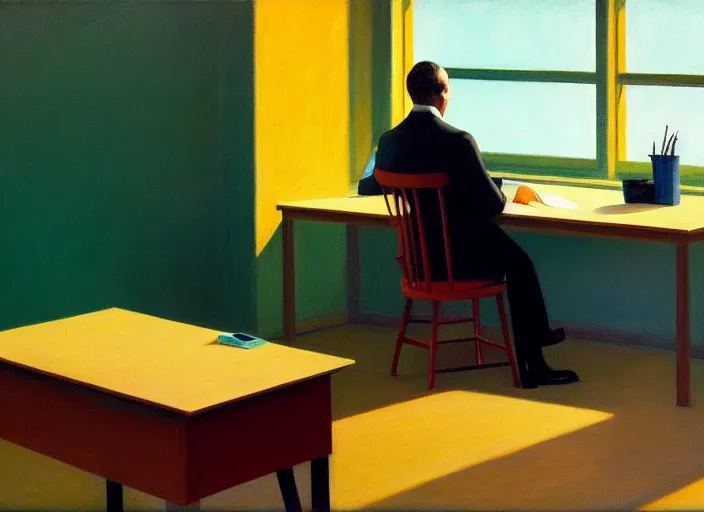 Prompt: painting of a lonely man sitting at his desk in an empty, huge office, in the style of edward hopper, very detailed face