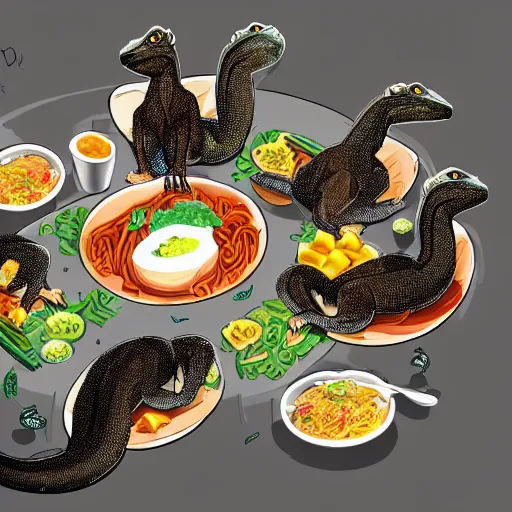 Image similar to a group of komodo dragons having a feast consisting of only indomie instant noodles on a fancy dining table, digital art, concept art, cartoon style, trending on artstation