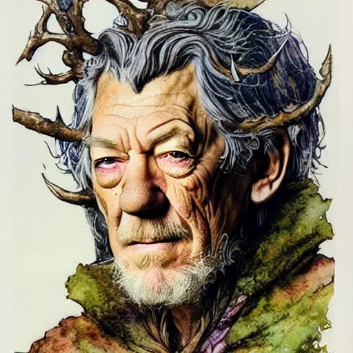 Image similar to a realistic and atmospheric watercolour fantasy character concept art portrait of ian mckellen as a druidic warrior wizard looking at the camera with an intelligent gaze by rebecca guay, michael kaluta, charles vess and jean moebius giraud