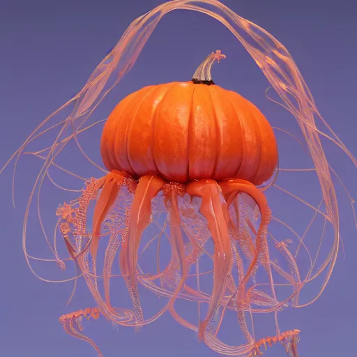 Prompt: intricate pumpkin artwork jellyfish bio-mechanical bio-luminescence, octane render, trending on artstation, hyper realism, 8k,