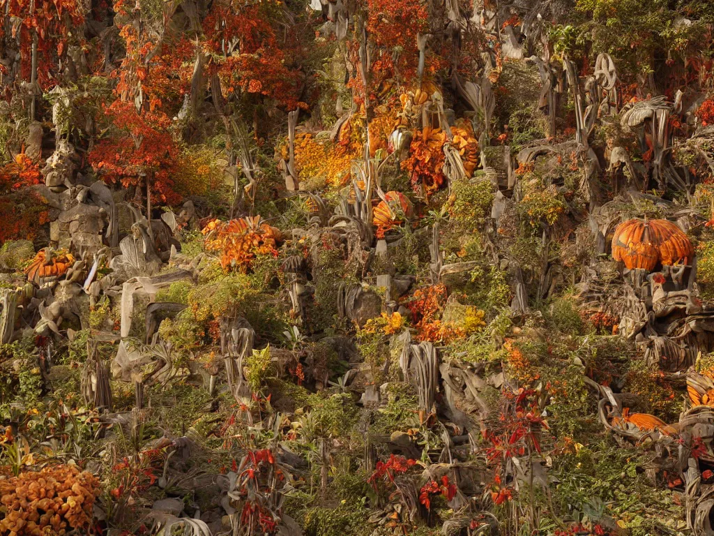 Prompt: autumn cannibalism in ancient city art by ernst haeckel, fractal, hypermaximalism unreal render engine 8 k