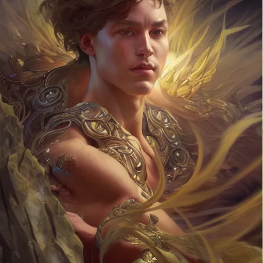 Prompt: portrait of a heavenly god, full body, muscular, fantasy, intricate, elegant, dramatic lighting, highly detailed, digital painting, artstation, concept art, matte, sharp focus, illustration, art by artgerm and greg rutkowski and alphonse mucha