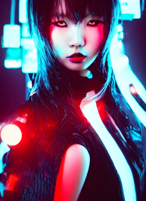 Image similar to asian goth in shinjuku, dark dress, cyberpunk, fashion, biomech, red and turquoise lights, black - red - turquoise - lips, conceptart, highlights, symmetrical, portrait, pretty face, octane, unreal, realism