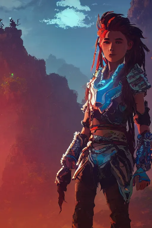 Image similar to combination suit armor aloy horizon forbidden west horizon zero dawn radiating a glowing aura global illumination ray tracing hdr fanart arstation by ian pesty and alena aenami artworks in 4 k tribal robot ninja mask helmet backpack