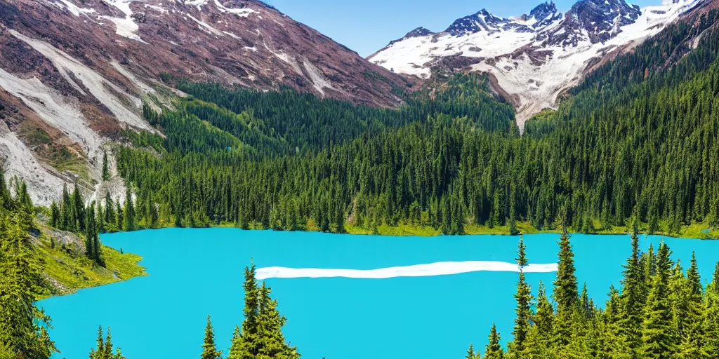 Prompt: small glacial lake, clear blue water, washington state, much green vegetation, some snow, sunny