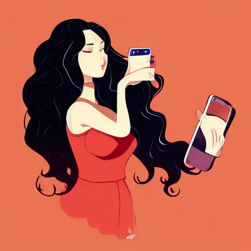 Prompt: beautiful curvy woman with long black hair, tanned skin, taking a selfie. clean cel shaded vector art. shutterstock. behance hd by lois van baarle, artgerm, helen huang, by makoto shinkai and ilya kuvshinov, rossdraws, illustration,