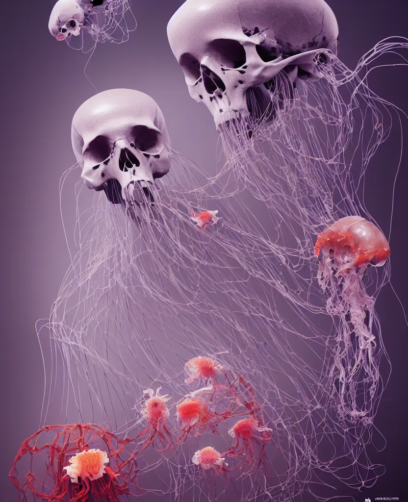 Image similar to composition of human skulls, animals skulls, bones, rib-cage. jellyfish orchids and betta fish, bioluminiscent, intricate artwork by Tooth Wu and wlop and beeple. octane render, trending on artstation, greg rutkowski very coherent symmetrical artwork. cinematic, hyper realism, high detail, octane render, 8k