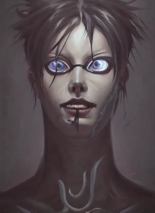 Image similar to dark portrait painting of tracer from overwatch, in style of zdzisław beksinski, scary, horror, 4 k, feminine facial features, overwatch tracer character, horror, body horror, disturbing, detailed face, dressed in dark garment, black tendrils, tall,