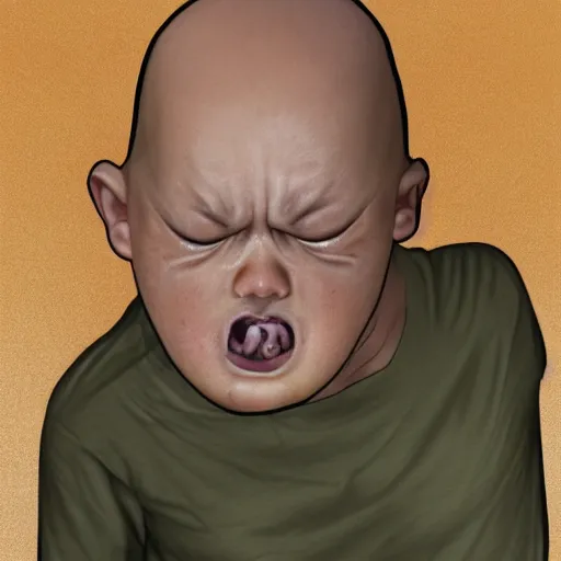 Prompt: crying bald boy with oversized head, shooting huge tears out of eyes