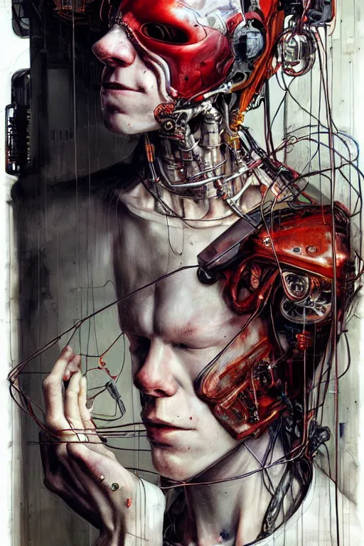 Image similar to cameron monaghan as a cyberpunk hacker, wires cybernetic implants, by esao andrews, jenny saville, james jean, dark art