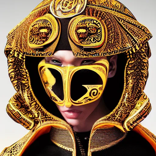 Image similar to portrait of masked dune dynasty with versace clothes, white background, versace logo, 8 k, symmetrical, 3 d render, octane render, insane details