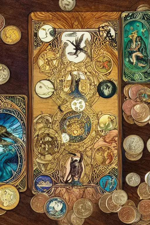 Prompt: fantasy tarot cards and coins on a wooden table seen from above, warm lighting, fantasy, intricate, elegant, highly detailed, digital painting, artstation, concept art, matte, sharp focus, illustration, art by kay nielsen and walter crane, illustration style, watercolor