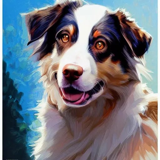 Prompt: australian shepherd, realistic shaded lighting poster by ilya kuvshinov katsuhiro otomo, magali villeneuve, artgerm, jeremy lipkin and michael garmash and rob rey