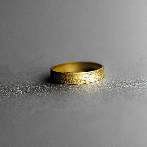 Prompt: very thin gold wedding ring, water texture on the ring, white background