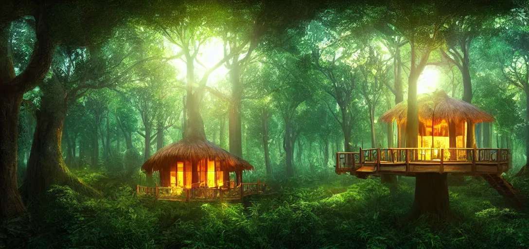 Image similar to beautiful forest, treehouse with glowing round windows, ray tracing, god rays, fireflies, mystical feeling, detailed, digital art