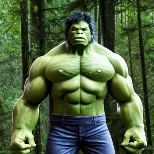 Image similar to the Incredible Hulk as a Sasquatch in the forest