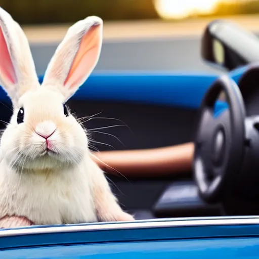 Image similar to a cute bunny driving a convertible, studio photo, high quality