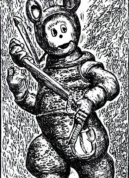 Prompt: tinky winky the teletubbie as a D&D creature, full body, pen-and-ink illustration, etching, by Russ Nicholson, DAvid A Trampier, larry elmore, 1981, HQ scan, intricate details, Monster Manula, Fiend Folio
