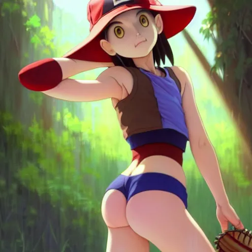 Image similar to beautiful boyish natalie portman gravure model in majora's mask, wearing wooden mask and baseball cap and leotard, street wear with subtle mayan patterns, aztec bathing suit, gapmoe yandere grimdark, trending on pixiv fanbox, painted by greg rutkowski makoto shinkai takashi takeuchi studio ghibli, akihiko yoshida