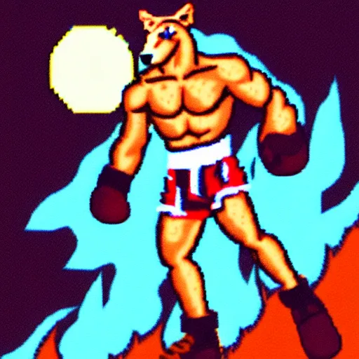 Image similar to full body portrait. 1 6 bit sega graphics. antropomorphic muscular masculine wolf, kickboxer fighter, in shorts, in front of burning street. wolf head. furr on body. at night. 1 9 8 9