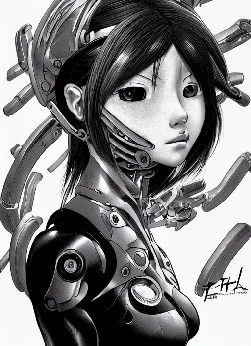 Image similar to portrait of Alita by Yukito Kishiro, biomechanical, hyper detailled, trending on artstation