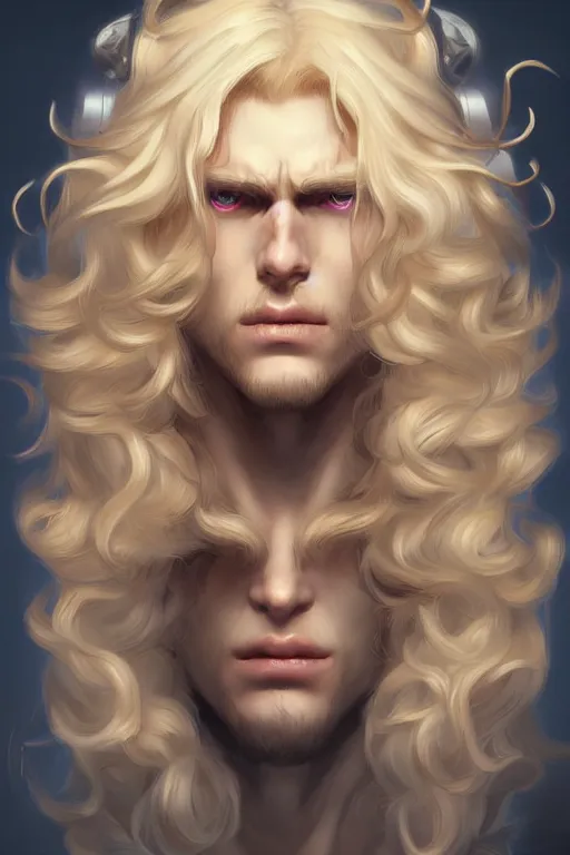 Image similar to digital art of a pale menacing male Cyborg Angel of Battle with fluffy blond curls of hair and piercing eyes, central composition, he commands the fiery power of resonance and wrath, very very long blond curly hair, baroque curls, by WLOP, Artstation, CGsociety