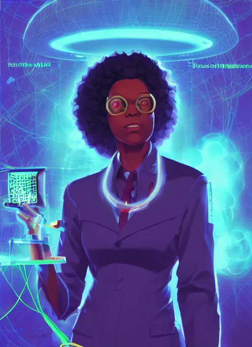 Prompt: afro - futurist scientist in a lab studying holographic schematics + medium length shot | hyperrealistic digital painting by makoto shinkai, ilya kuvshinov, lois van baarle, rossdraws | afrofuturism, in the style of hearthstone, trending on artstation | blue palette