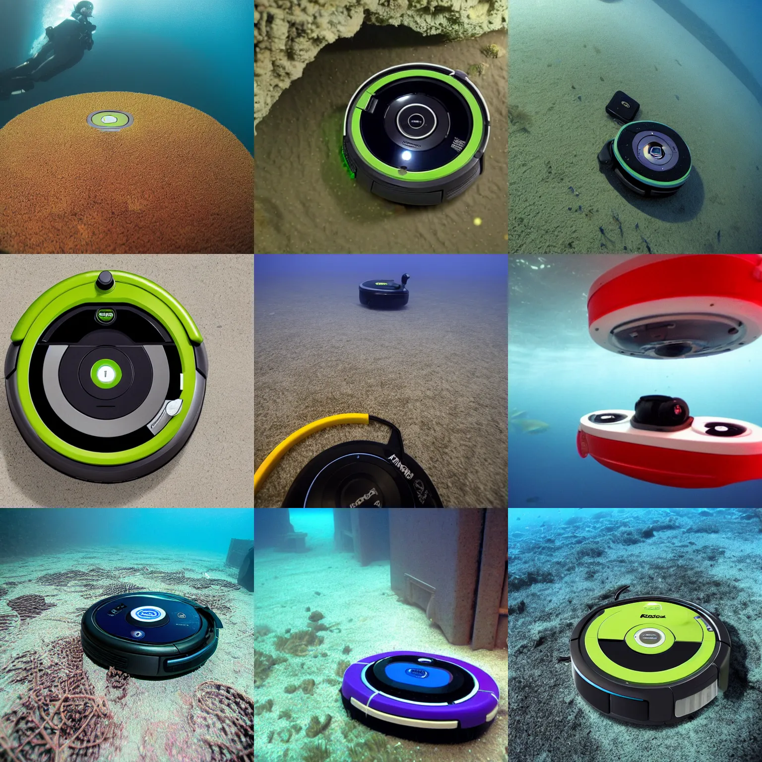 Prompt: a roomba underwater at the bottom of the mariana trench