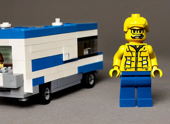 Image similar to product photo still of lego!!!! walter white!!!! with a lego winnebago in the background, 8 k, 1 2 0 mm macro, f 1. 8, studio lighting, key light