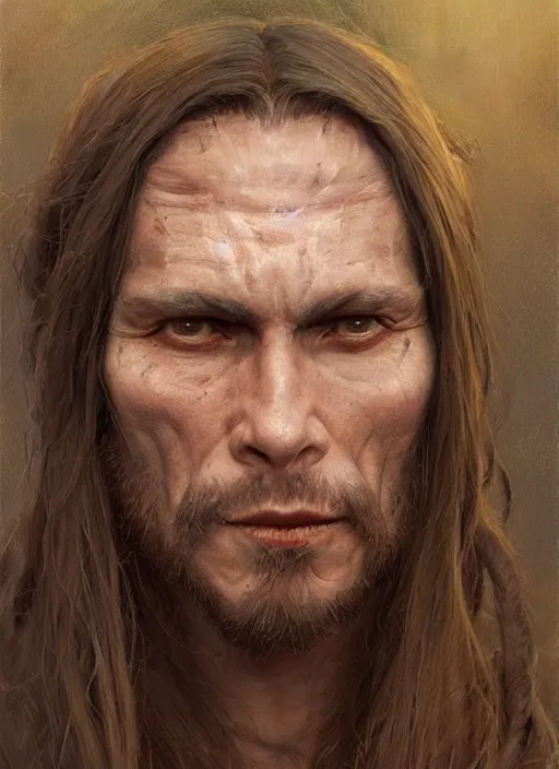 Prompt: a shaman in his late twenties with long light brown hair tied back, a large forehead, a widows peak and a round face with high cheekbones as a realistic d & d fantasy character, portrait art by donato giancola and greg rutkowski, vintage retro, realistic face, digital art, trending on artstation