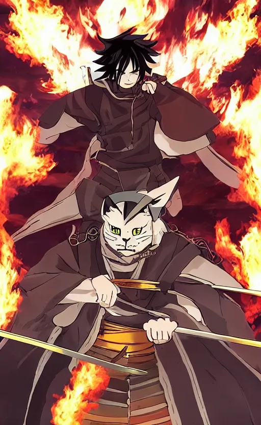 Image similar to house cat samurai epic, in the style of demon slayer anime, anime opening, dramatic opening, fire, lightning, full body portrait, realistic