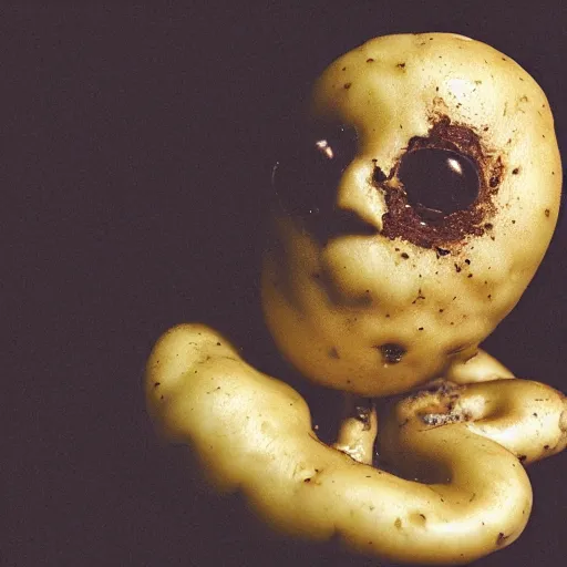 Image similar to a man made of potato, dark, spooky, horror, scary