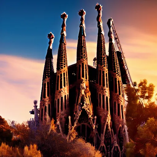 Image similar to time magazine photo, la sagrada familia in a beautiful scenic epic desert, surreal, epic composition, rule of thirds, 4 k wallpaper, golden hour, dramatic lighting,