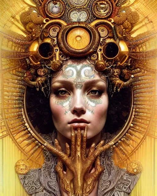 Image similar to hyperrealistic detailed portrait of a beautiful goddess in an intricate golden ornamental ritual headdress, intricate cyberpunk make - up, golden face tattoos, insane details, art by ernst haeckel, nekro borja, android jones, alphonso mucha, john william godward, gothic - cyberpunk, beautiful deep colours,