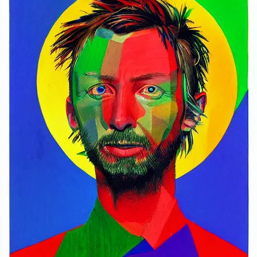 Image similar to cheerful, bright, colorful, sunny, and very detailed portrait of thom yorke, painted by max ernst