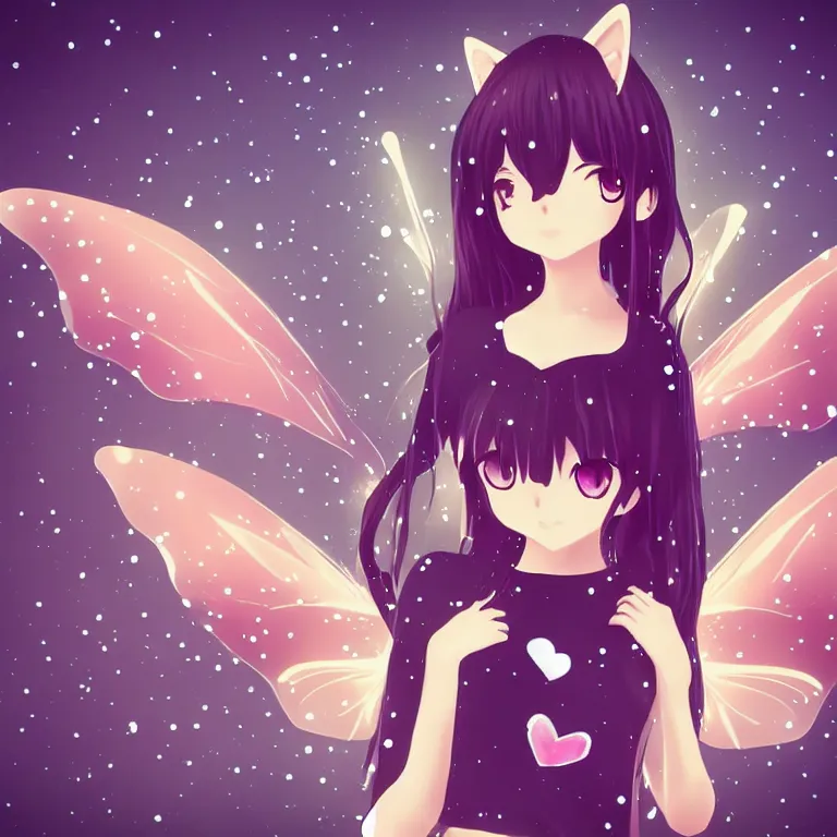 Image similar to cute, full body, female, anime style, a cat girl with fairy wings, large eyes, beautiful lighting, sharp focus, simple background, creative, heart effects, filters applied