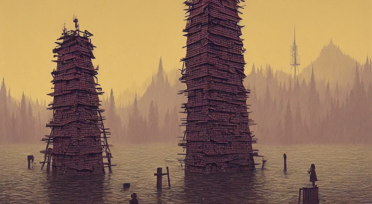 Image similar to single flooded simple wooden tower, very coherent and colorful high contrast ultradetailed photorealistic masterpiece by casey weldon simon stalenhag, dark shadows, sunny day, hard lighting