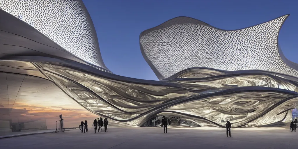 Prompt: extremely detailed ornate stunning sophisticated beautiful elegant futuristic museum exterior by Zaha Hadid, stunning volumetric light, beautiful sunset, tail lights