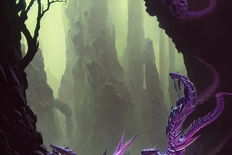 Image similar to concept art, view from afar of a crystal hydra, d & d creature, by greg rutkowski and alphonse mucha, gradient black to purple, monoliths in a dark forest background, highly detailed, digital painting, artstation, concept art, smooth, sharp focus illustration, artstation hq