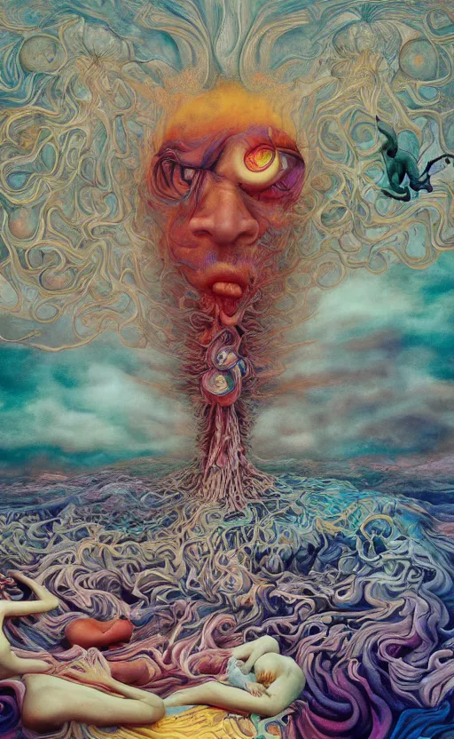 Image similar to ultrawide angle colour masterpiece surreal closeup portrait photography of the beatles by miho hirano and annie leibovitz and michael cheval, weird surreal epic psychedelic complex biomorphic 3 d fractal landscape in background by kilian eng and roger dean and salvador dali and beksinski, 8 k