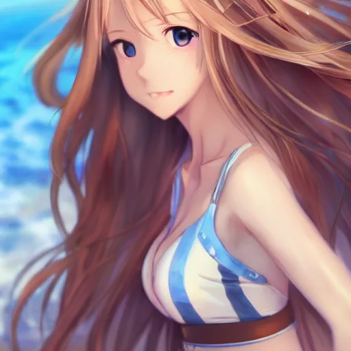 Prompt: a very beautiful yuuki asuna, full body, long wavy blond hair, sky blue eyes, full round face, bikini, miniskirt, front view, mid - shot, cute pose, highly detailed, cinematic wallpaper by stanley artgerm lau
