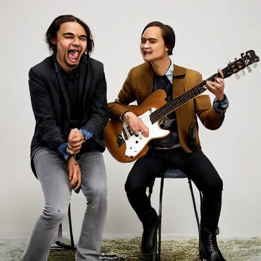 Prompt: Carlos Valdes and Frank Dillane playing guitar and singing on a stage