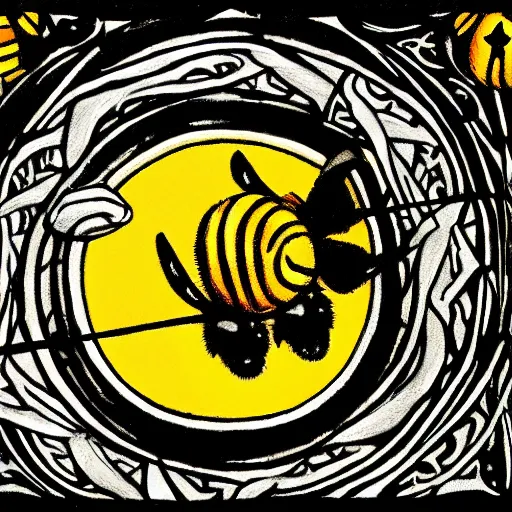 Image similar to a dark dangerous ritual spell with a bumblebee placed in the middle of a bloody bullseye, art nouveau, fantasy illustration
