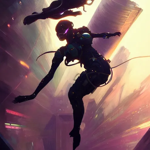 Image similar to cyberpunk woman diving through through the air, dynamic pose, cinematic lighting, science fiction painting, elegant intricate digital painting artstation, art by greg rutkowski and alphonse mucha, detailed