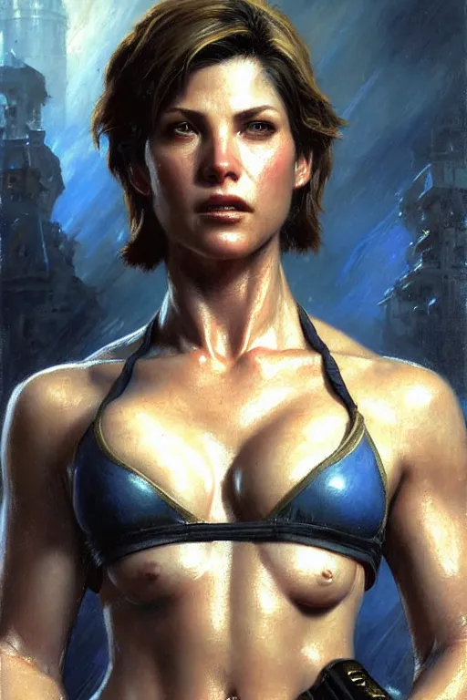 Image similar to muscular sweat, jill valentine as cop, face close up, highly detailed painting by gaston bussiere, craig mullins, j. c. leyendecker 8 k