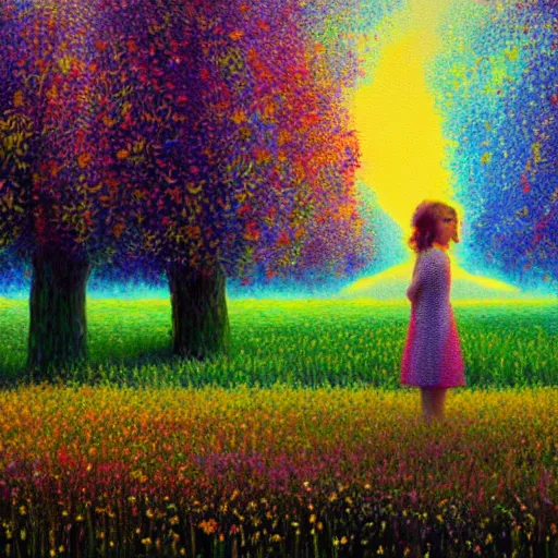 Image similar to flower face, girl standing in flower field, surreal photography, big trees, sunrise dramatic light, impressionist painting, colorful clouds, digital painting, pointillism, artstation, simon stalenhag