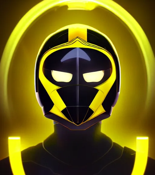 Image similar to symmetry!! yellow ranger, thunderbolt - shaped viser!!, thunderbolt shaped helmet!!, hard edges, product render retro - futuristic poster scifi, lasers and neon circuits, yellow ranger, intricate, elegant, highly detailed, digital painting, artstation, concept art, smooth, sharp focus, illustration, dreamlike, art by artgerm